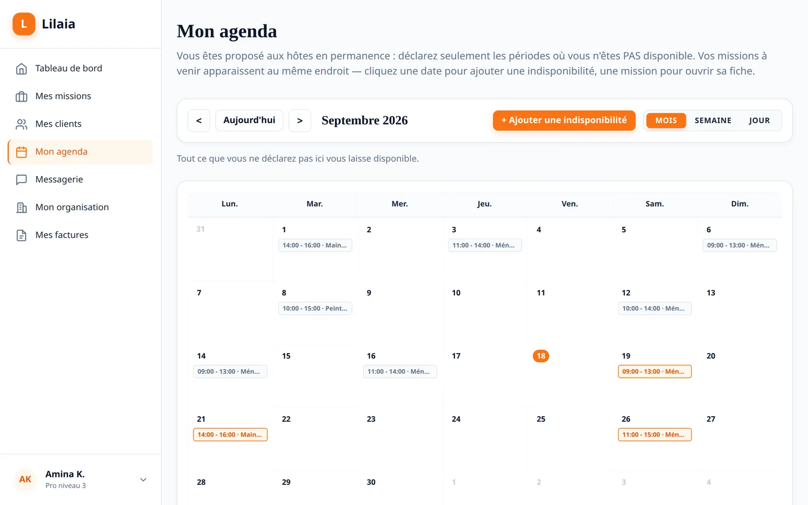 Capture de l'interface Lilaia : L'agenda : les missions à venir et les absences déclarées, au même endroit.