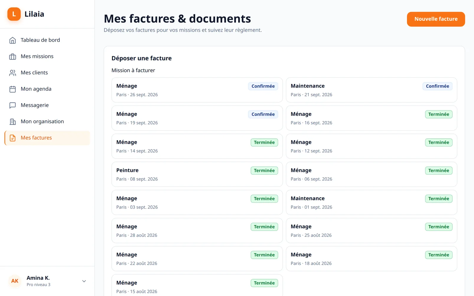 Capture de l'interface Lilaia : La facturation : une facture par mission, numérotée et suivie.