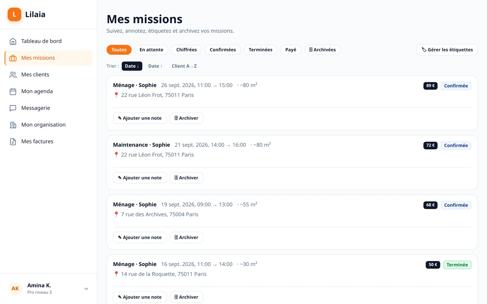 Capture de l'interface Lilaia : Les missions : à accepter, à réaliser, à facturer.