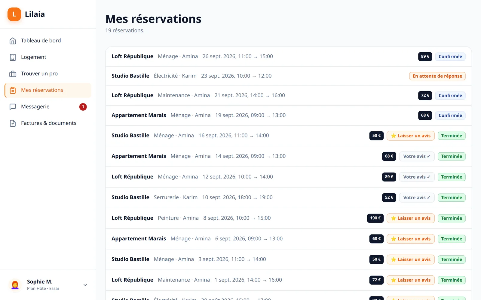 Capture de l'interface Lilaia : Le suivi des interventions, de la demande envoyée à la mission terminée.