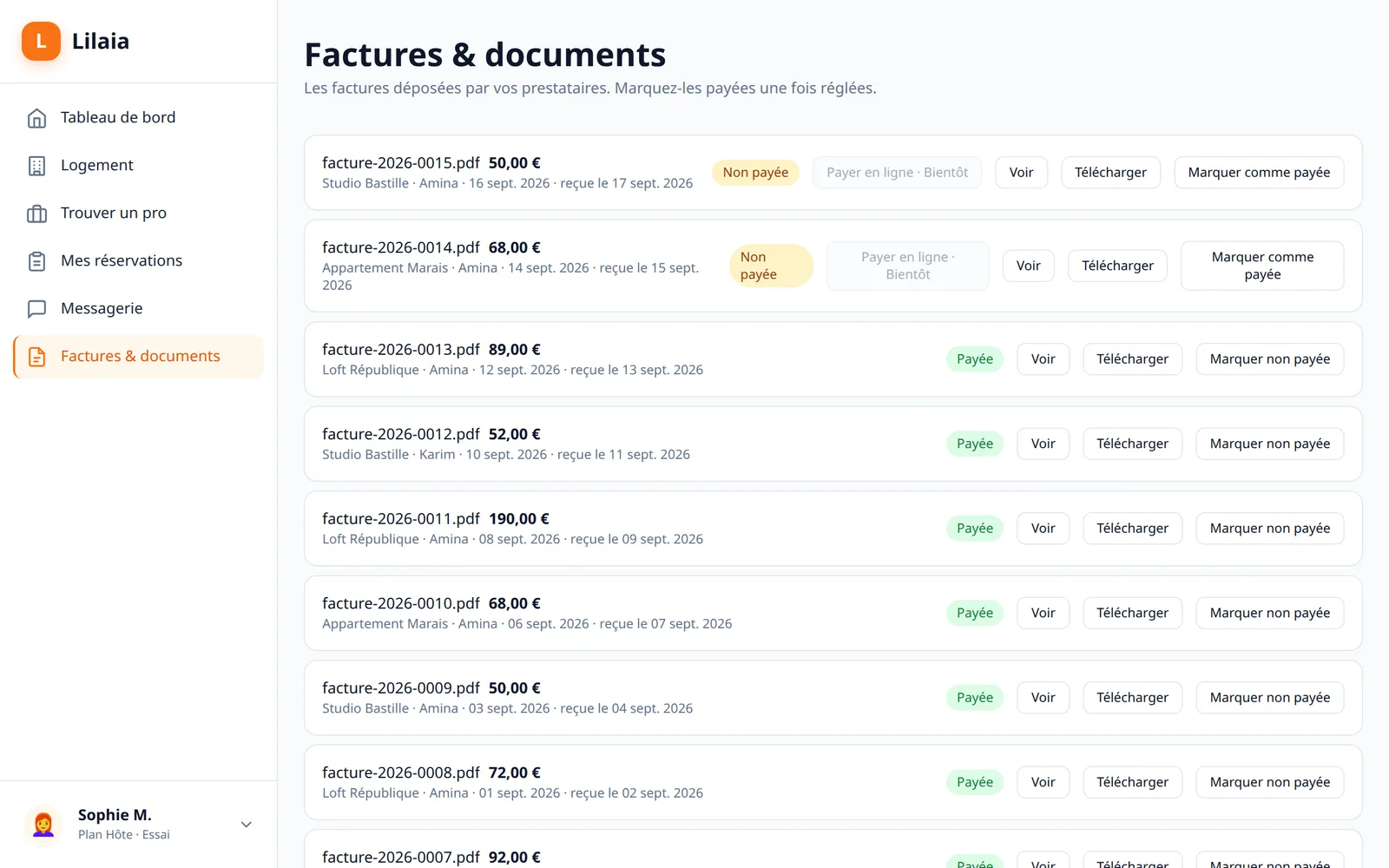 Capture de l'interface Lilaia : Les factures déposées par les professionnels, et leur règlement.