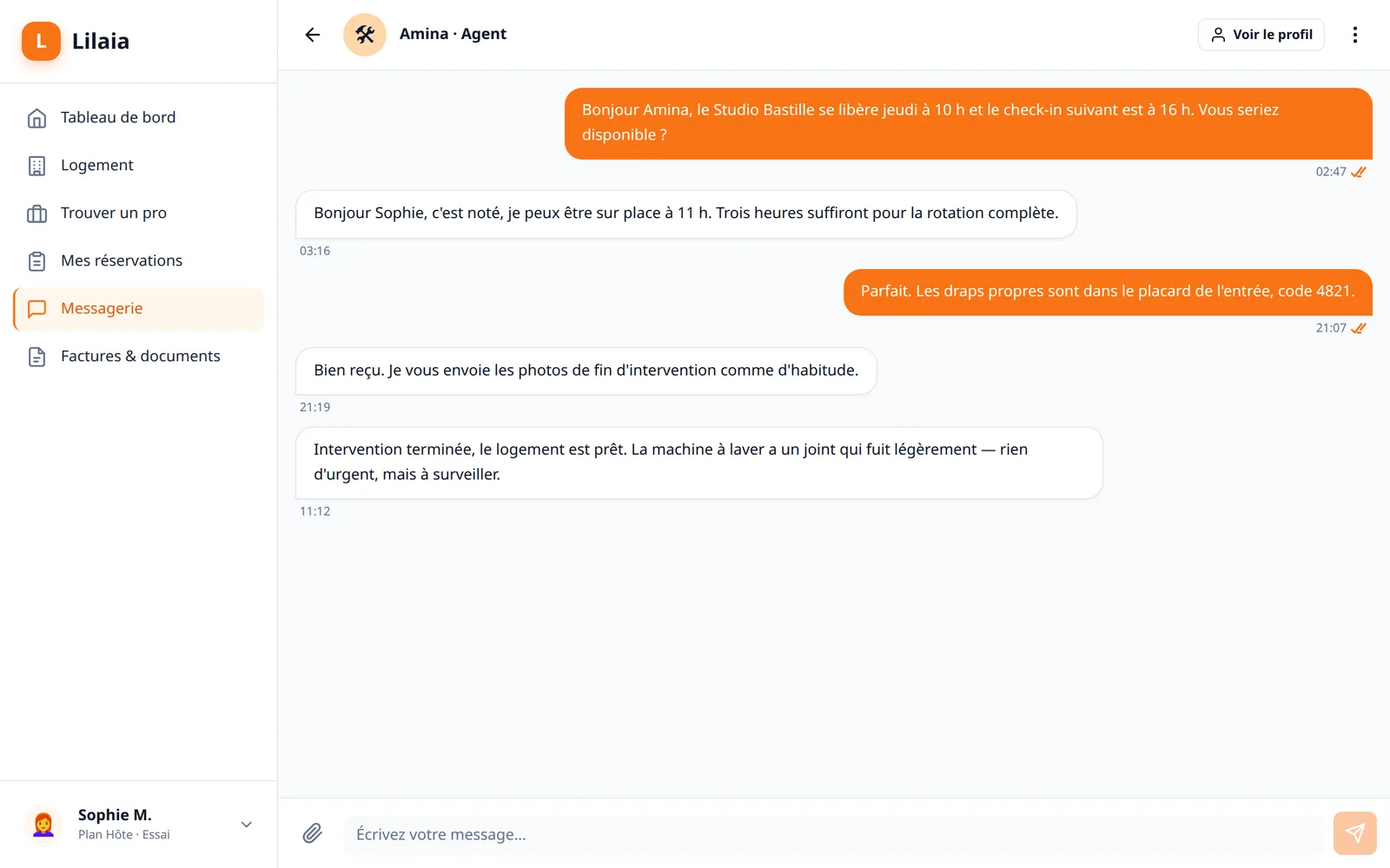 Capture de l'interface Lilaia : La messagerie, rattachée au logement et à la date de l'intervention.