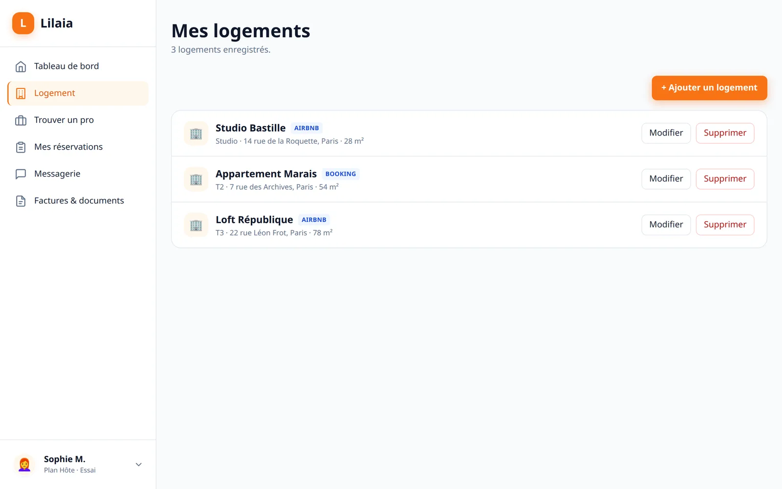 Capture de l'interface Lilaia : Les logements : adresse, accès, et le calendrier Airbnb ou Booking importé.