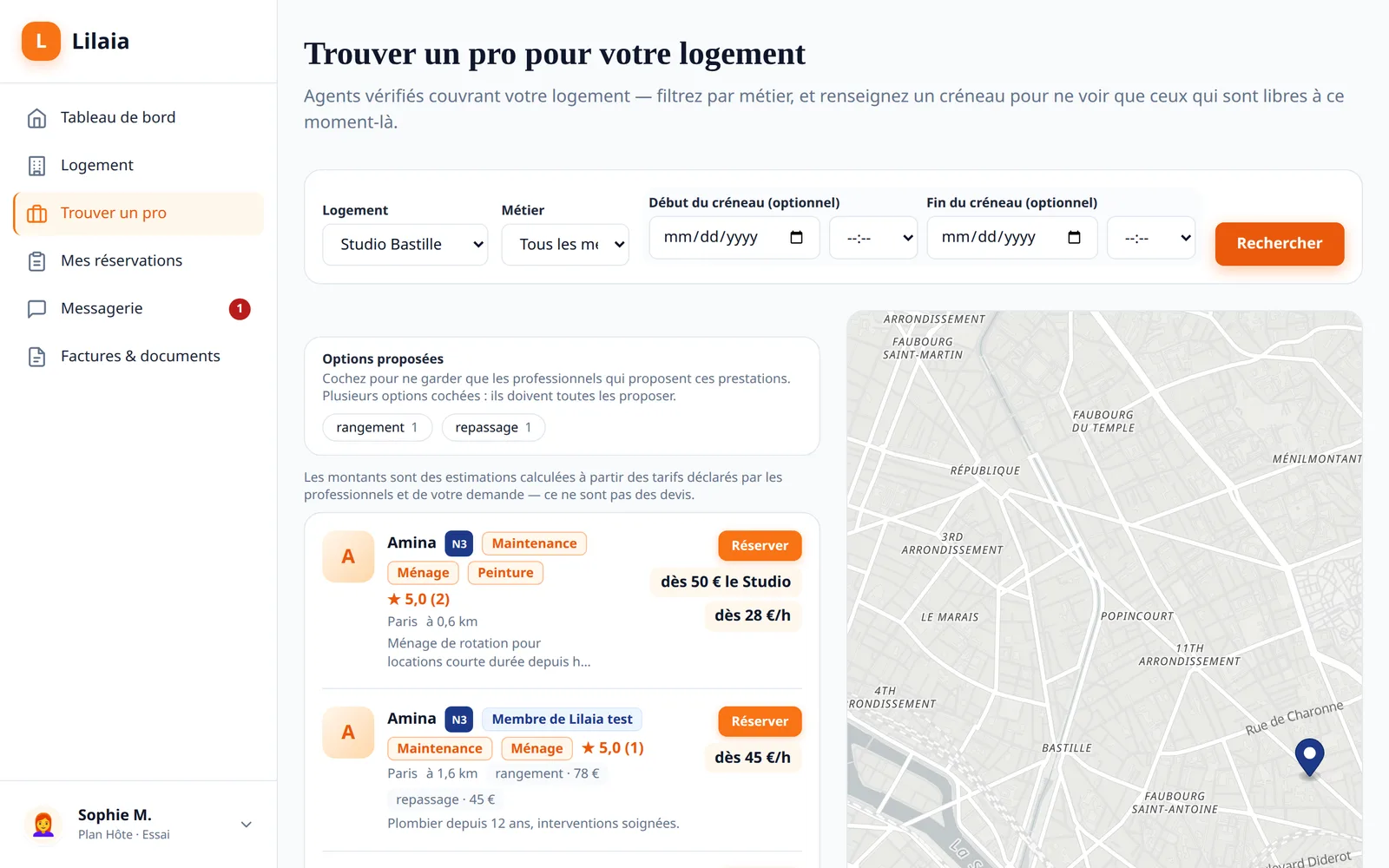 Capture de l'interface Lilaia : La recherche par disponibilité : qui est libre sur le créneau, à quelle distance, à quel tarif.